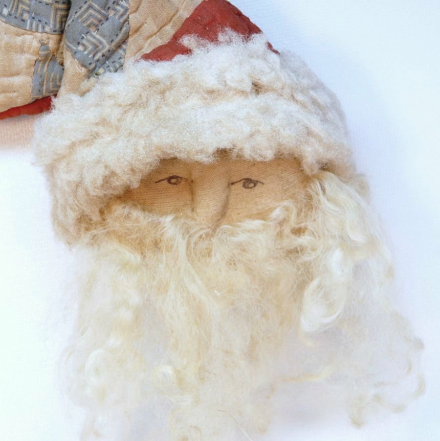 vtg primitive Santa head ornament antique quilt hat faux fur hand crafted