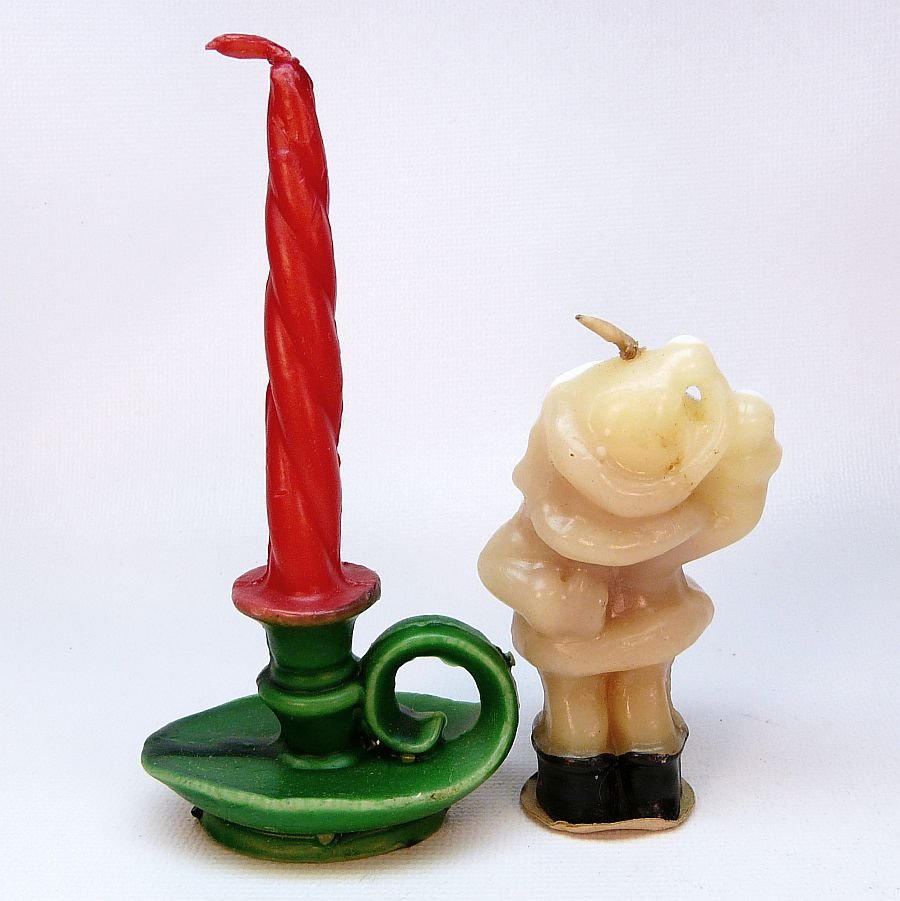 2 vintage Gurley candles candlestick and Santa waving