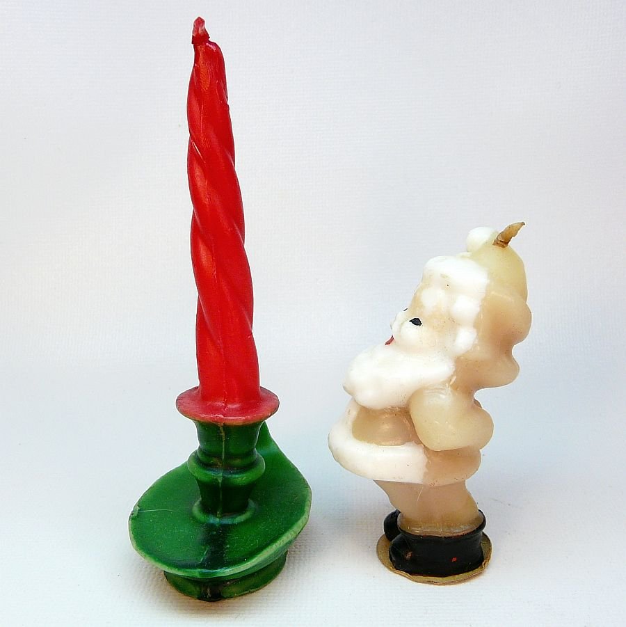 2 vintage Gurley candles candlestick and Santa waving
