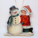 Girl with snowman hand painted flat wooden Christmas ornament