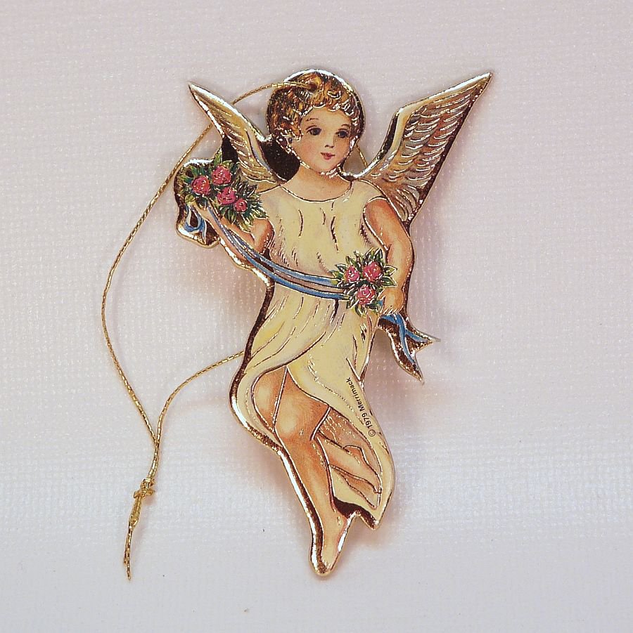 Vintage 1979 Merrimack die cut angel Christmas ornament Victorian style cardboard