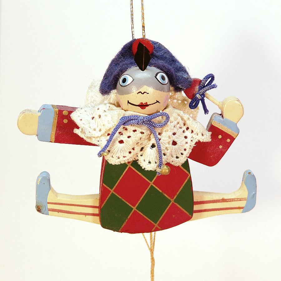 vintage pull string jester Midwest of Cannon Falls Christmas ornament
