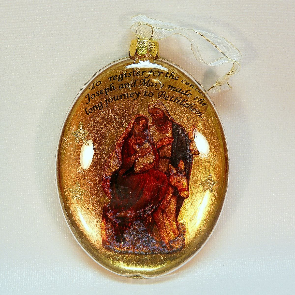 Oval Holy Family Nativity blown glass Christmas ornament