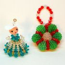 2 Vintage plastic wired bead Christmas ornaments lady and wreath 2 Vintage plastic wired bead Christmas ornaments lady and wreath