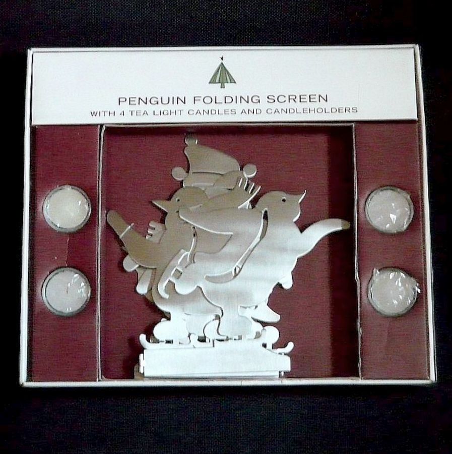 Christmas folding tabletop penguin screen Eddie Bauer 7 panels with 4 tealights 38 inches