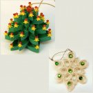 2 vintage quilled paper Christmas ornaments tree and snowflake