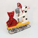Vtg Dansk cat and dog on a sled Christmas ornament wooden