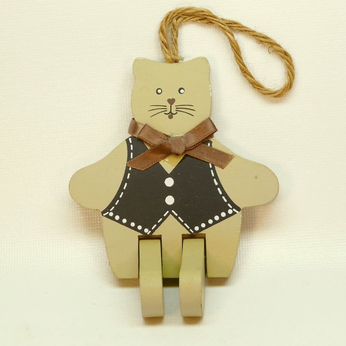 Vintage country wooden cat Christmas ornament with movable legs