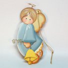 Hand painted wooden angel Christmas ornament holding bell artist signed JC Hand painted wooden angel Christmas ornament holding bell artist signed JC