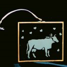 vintage etched glass cow Christmas ornament w copper frame