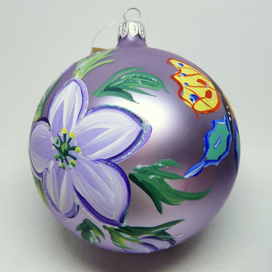 Large lavender hand painted Christmas Ornament flowers and butterflies Italy glass ball