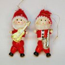 2 little wooden Santa Christmas ornaments with violin and saxophone