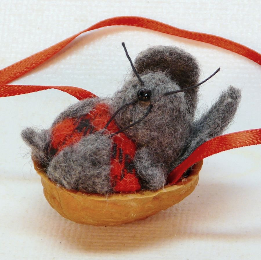 Tiny miniature mouse in walnut shell Christmas ornament