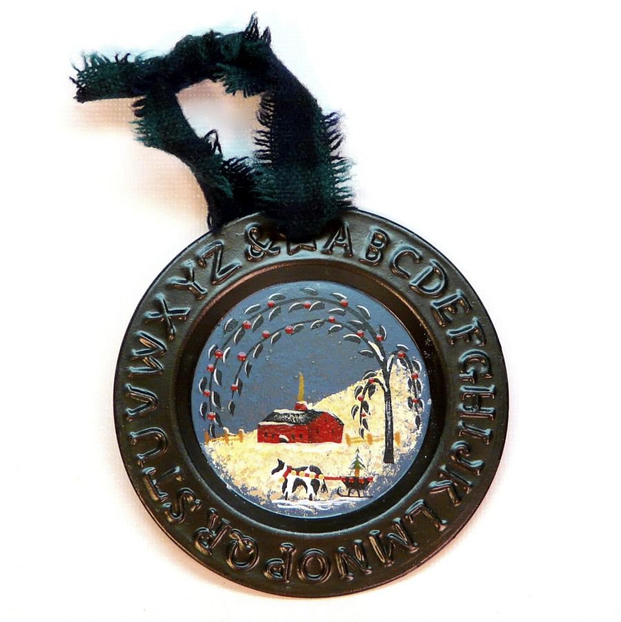 Hand painted snow scene tin Christmas ornament country look