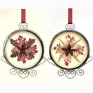 2 vintage pressed flowers Christmas ornaments glass silver tone filigree metal 2 vintage pressed flowers Christmas ornaments glass silver tone filigree metal