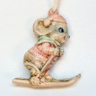 Vintage skiing mouse ceramic Christmas ornament pastel colors
