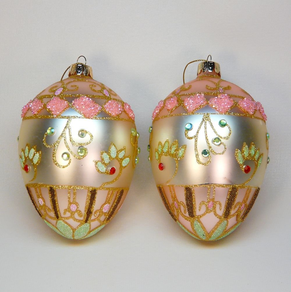 2 large egg shaped pink blown glass bejeweled Christmas ornaments