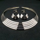 vintage fashion jewelry set collar necklace and pierced earrings white black wire faux pearls vintage fashion jewelry set collar necklace and pierced earrings white black wire faux pearls