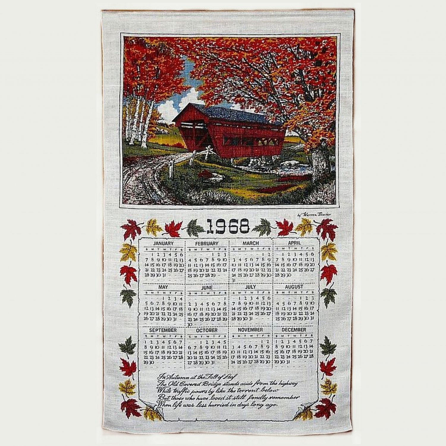 Vtg 1968 linen calendar towel covered bridge autumn Warren Boucher