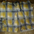 Quiksilver Men Swim Trunks Shorts 36 Polyester Yellow Green Blue Plaid Not Mesh