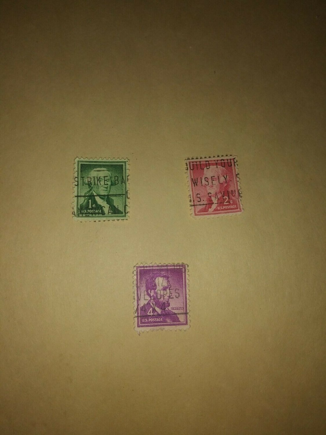 Lot #1 3 1954 Cancelled Postage Stamps Washington Jefferson Lincoln Vintage VTG