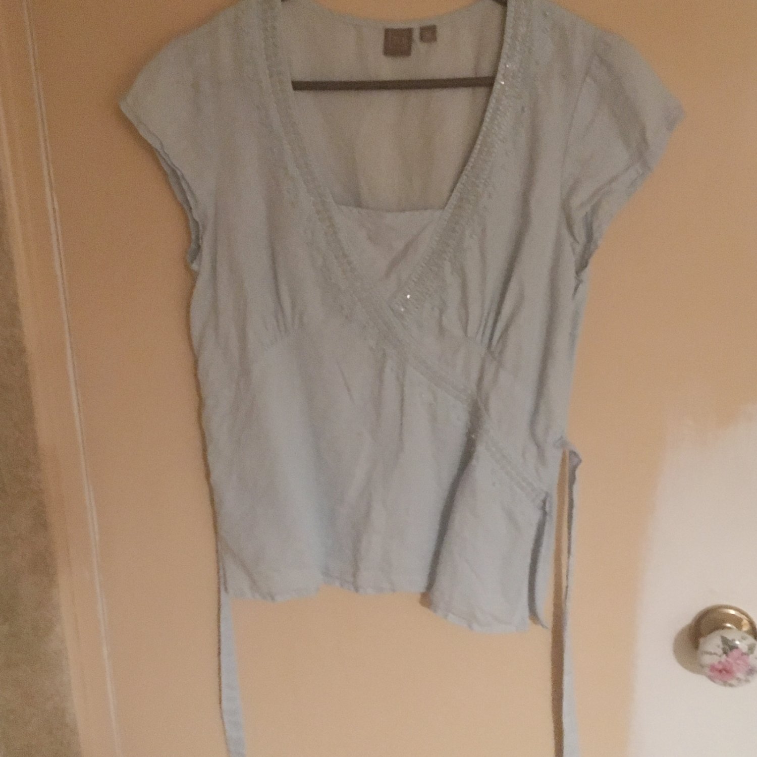 PALE BLUE LINEN TIE BACK TOP SIZE 10 TU