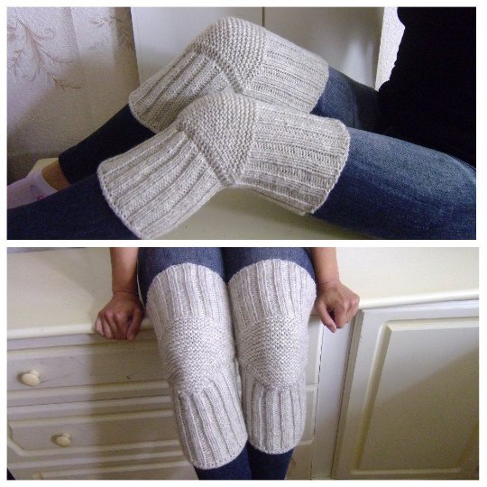 Light Grey WOOL Size S (up to 18 in) Handmade Knitted Kneepads Therapeutic Leg Warmers Knee Socks