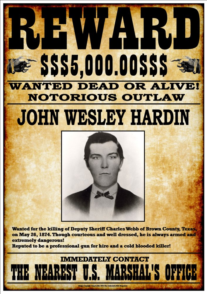 Waterproof Vintage Style Wanted Poster - John Wesley Hardin, 16.5