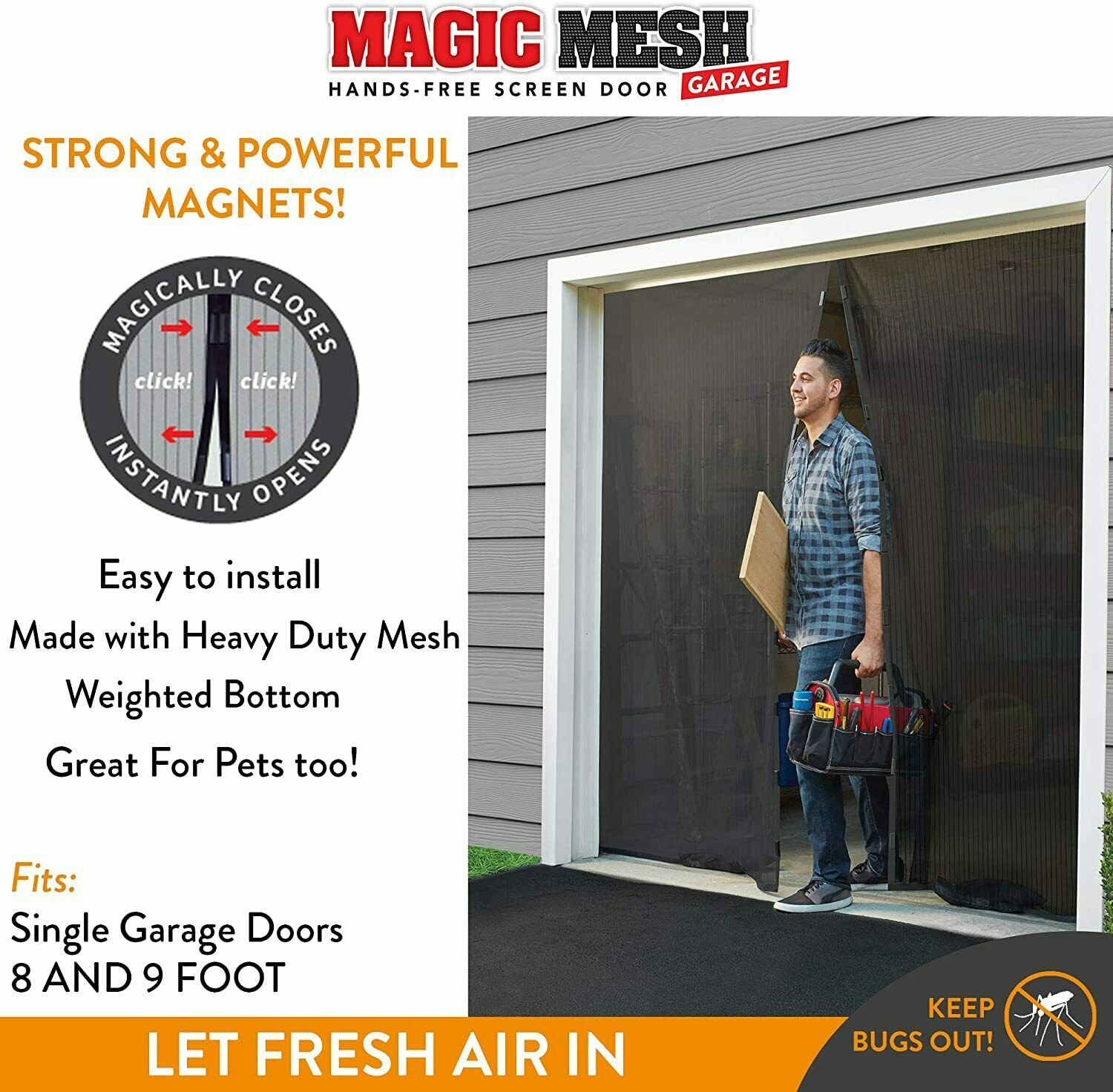 Magic Mesh Garage Hands Free Screen Door, Fits Single Garage
