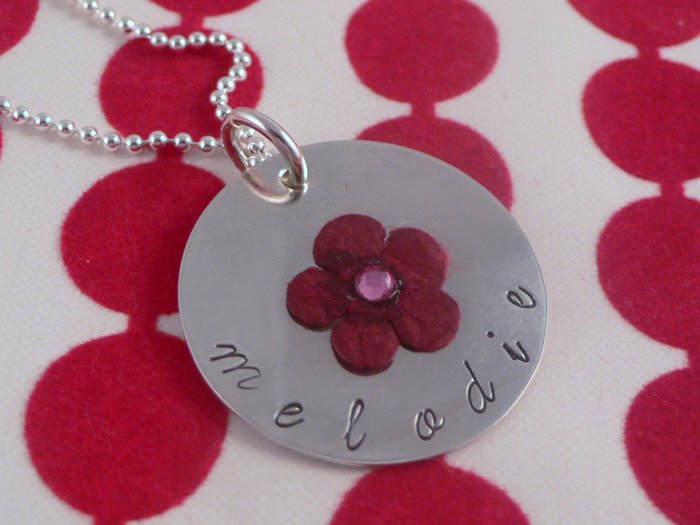 Flower Custom Hand Stamped Personalized Sterling Silver Circle Pendant Necklace N068