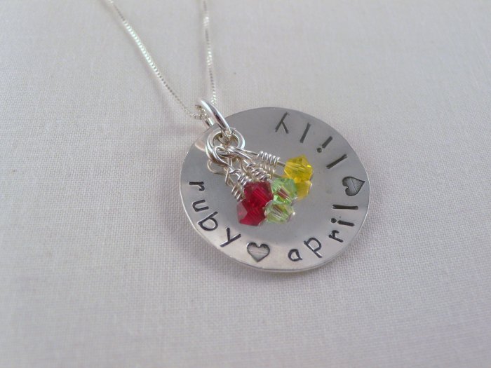 Custom Birthstone Necklace Sterling Silver Personalized Hand Stamped N040
