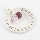 Hammered Hand Stamped Personalized Sterling Silver Circle Washer Pendant Necklace Birthstones N063