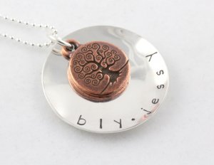 Copper Tree of Life Necklace Custom Hand Stamped Personalized Mom Sterling Silver Circle N074