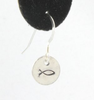 Christian Fish Earrings Sterling Silver Dangle Circle Hand Stamped