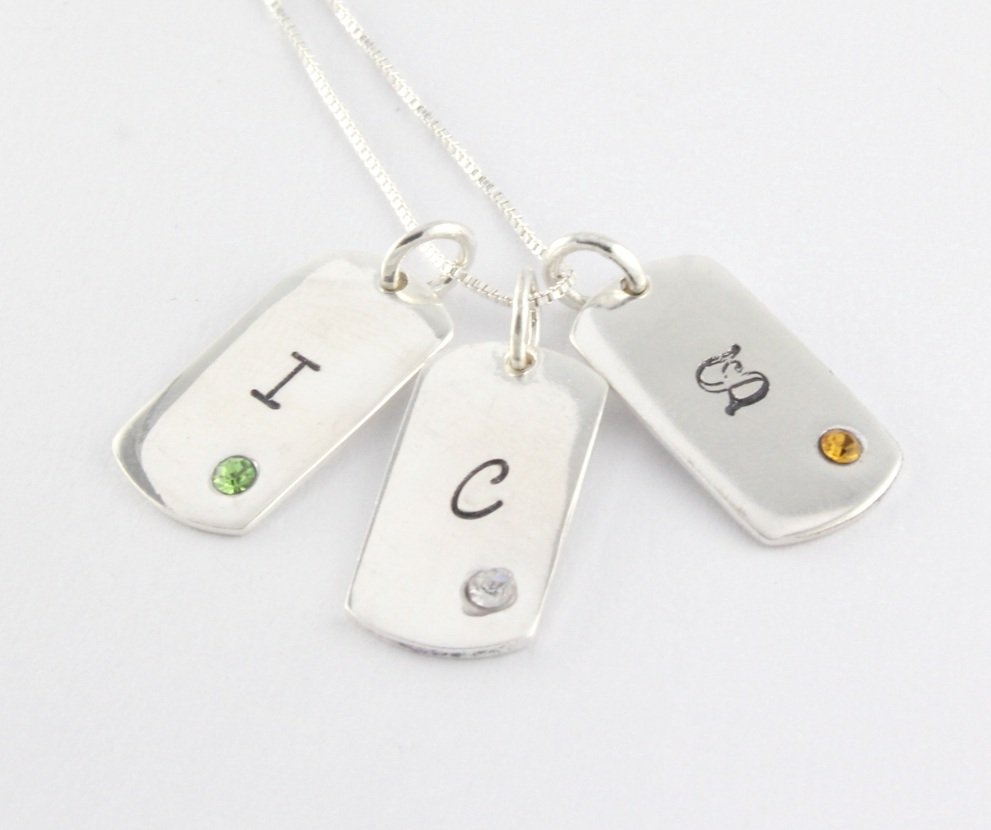 Tiny Birthstone Dog Tag Necklace - Personalized Sterling Silver Custom Hand Stamped Initials