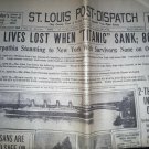 Titanic Sank Newspaper Headline St Louis Post-Dispatch April 16 1912 Historic