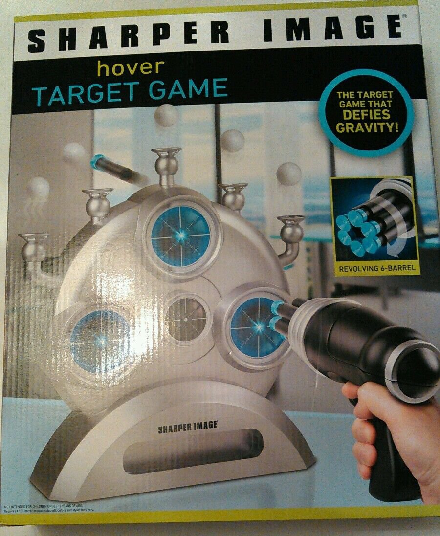 New Sharper Image Hover Target Game 6 Barrel Blaster 5 Floating Safe Indoor gun