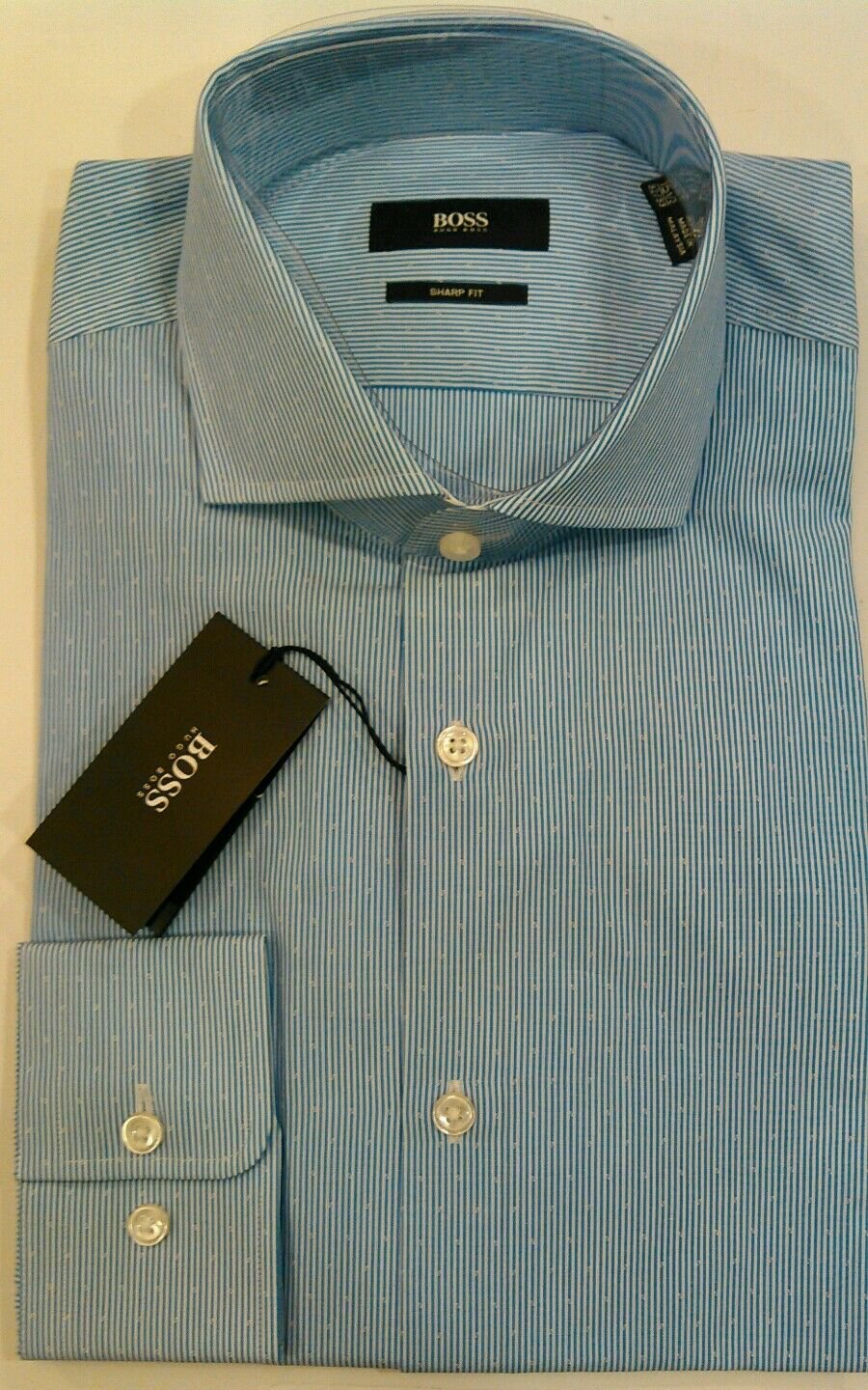 New Hugo Boss Blue Pinstripe sharp-fit cotton Dress Shirt 50306992 15 1/2 32/33