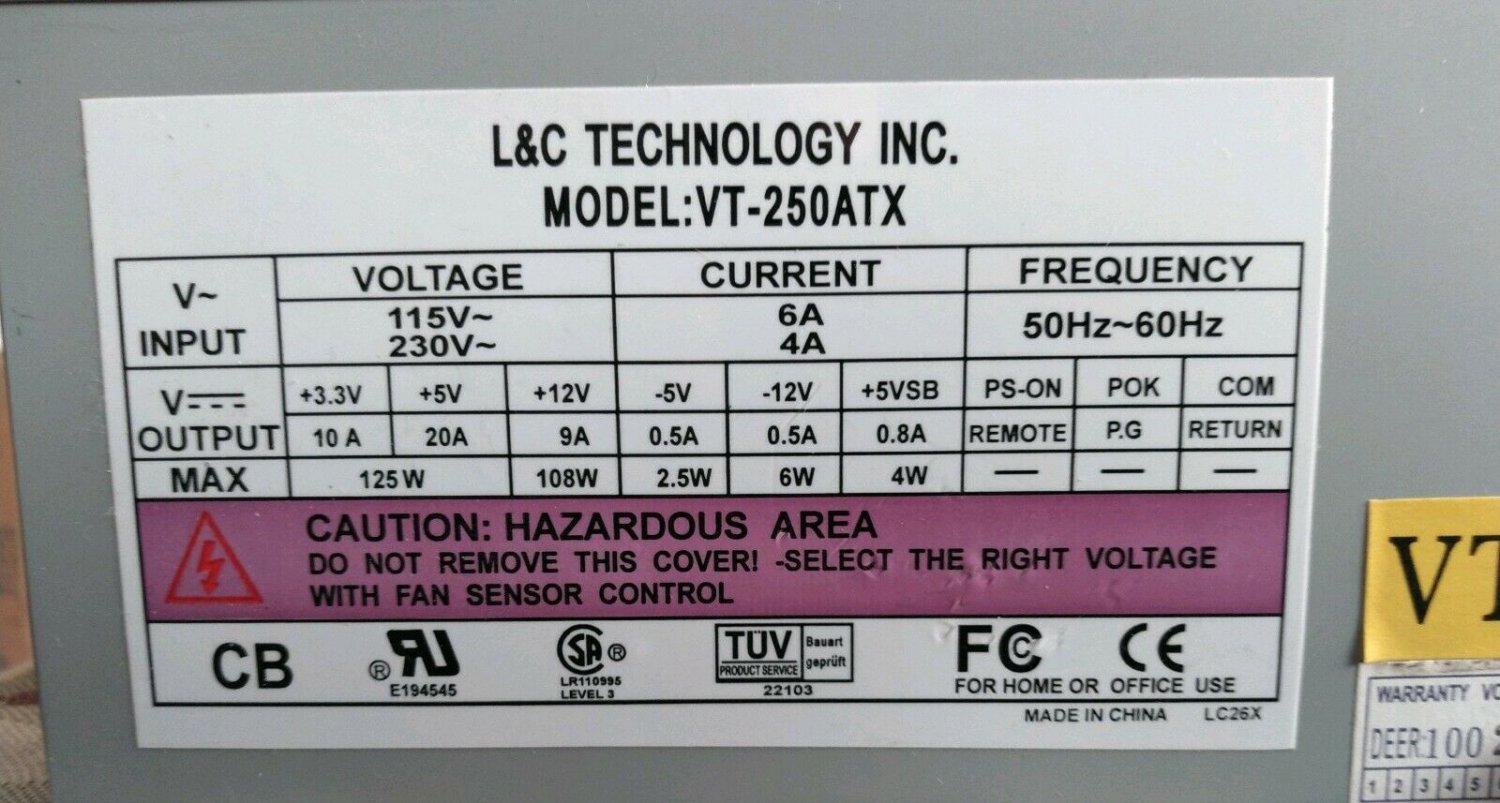 New L&C Technology 250 Watt ATX Power Supply Model VT-250ATX w/ power cord tower
