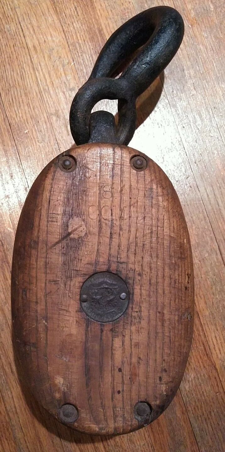 Union Hardware Torrington Conn USA Vintage Wood Block & Tackle Pulley METAL Hook
