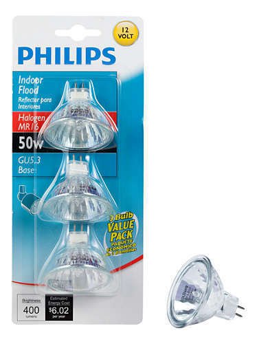 -(3 Pack) Philips MR16 Halogen Bulbs 12V 50W GU5.3 Base Indoor Flood Reflector