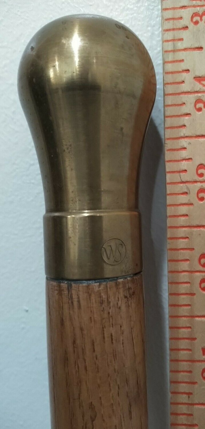 HTF Antique Vintage WS Heavy SOLID BRASS Knob Handle CANE oak walking stick 35"