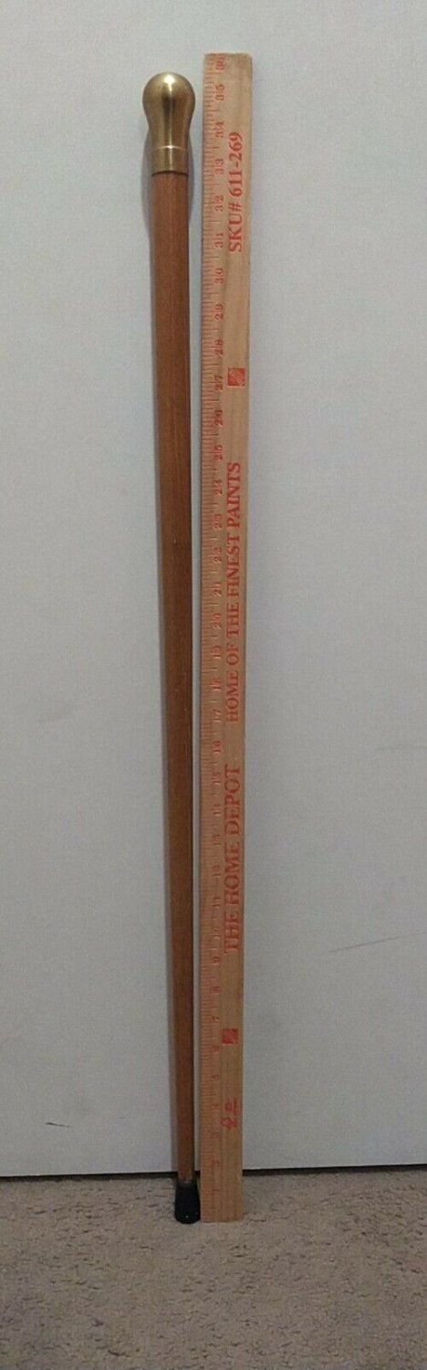 Antique Vintage WS Heavy SOLID BRASS top Handle CANE oak walking stick 35 3/8"