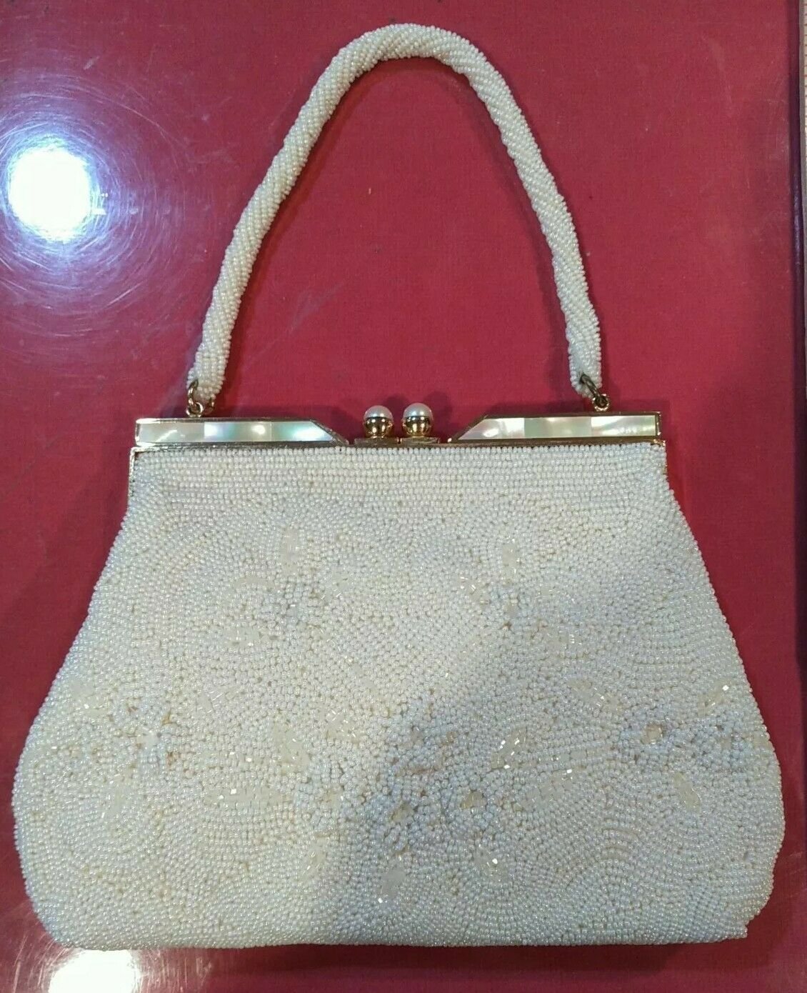 Hot Vintage White Beaded small elegant Purse Handbag Pocketbook bag pearl clasp