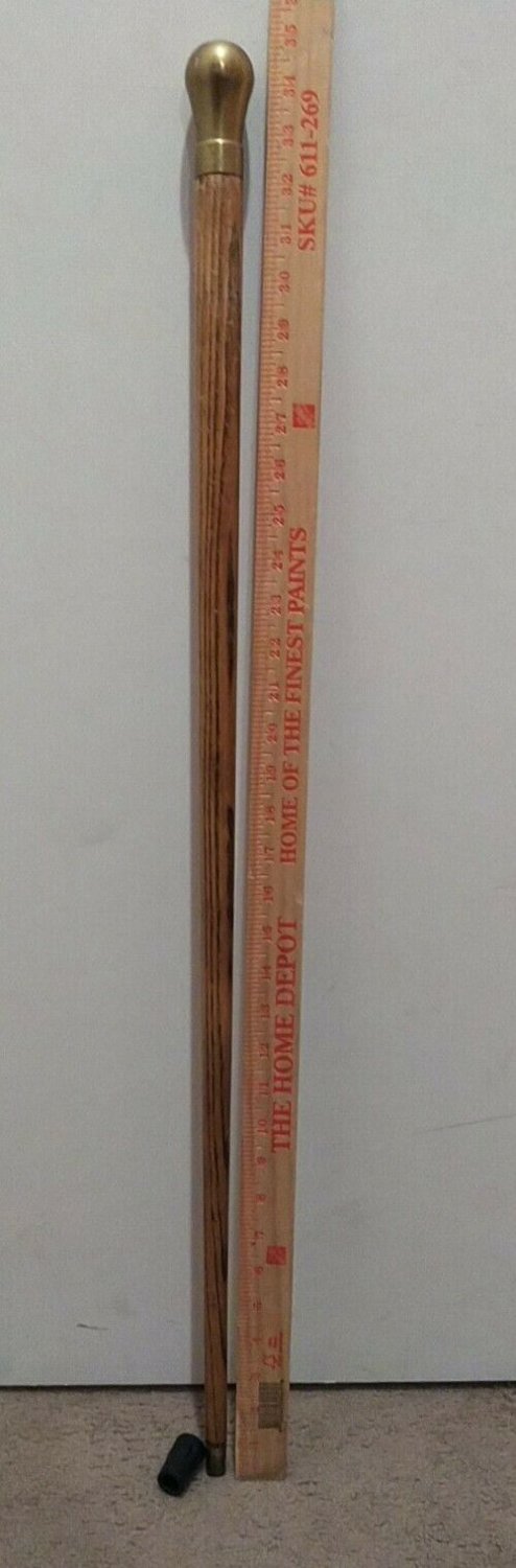 Antique Vintage WS Heavy SOLID BRASS top Handle CANE oak walking stick 34 3/4"
