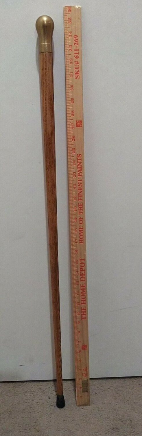 Antique Vintage WS Heavy SOLID BRASS top Handle CANE oak walking stick 35 3/8+"