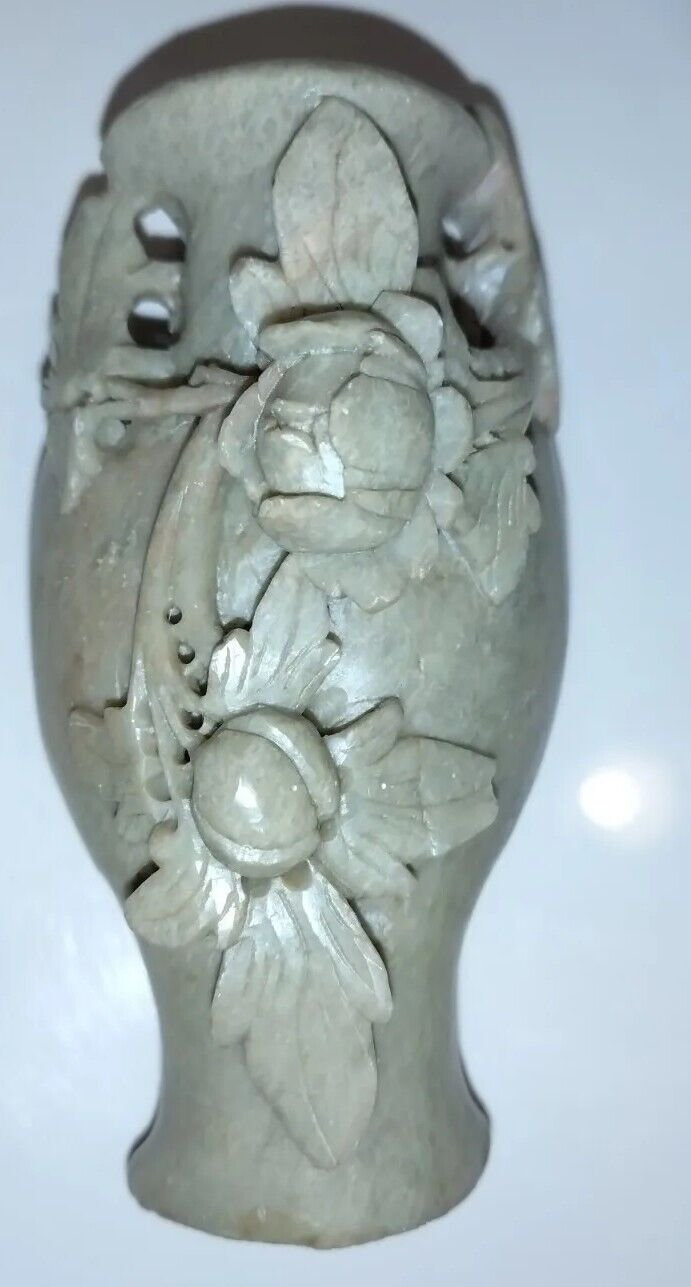 vintage Chinese light comes through Vase Carved Soapstone Sculpture Lotus Floral
