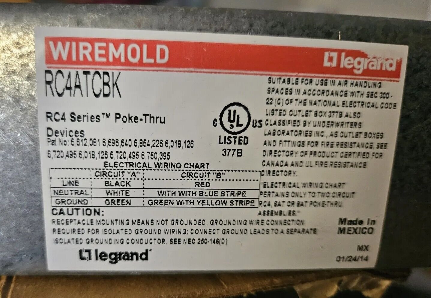 Used Working In Box Wiremold Legrand RC4ATCBK RCA Series Poke Thru Electrical