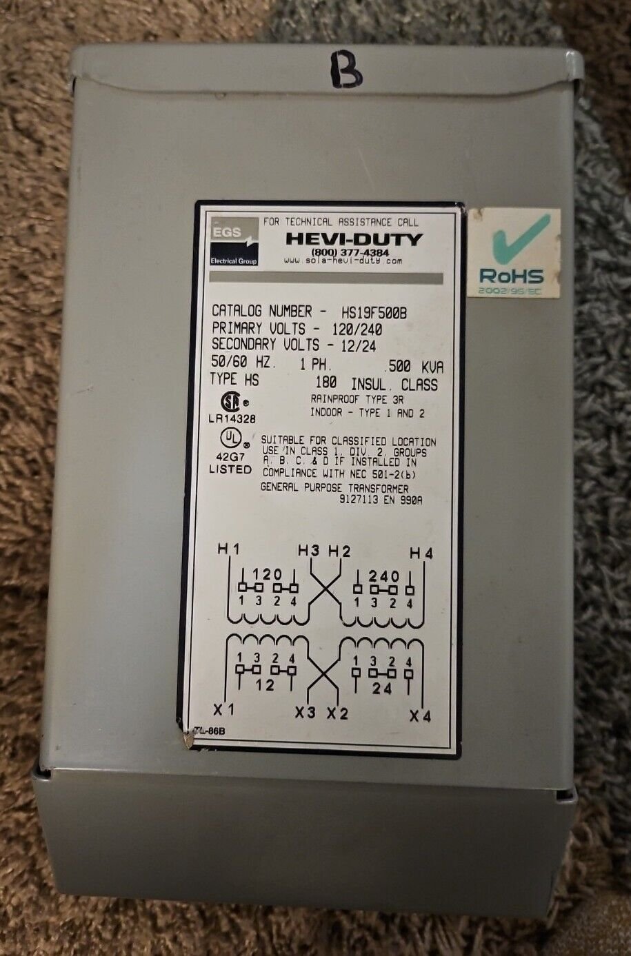 B Used working EGS Cat No. HS19F500B 1PH .500KVA Transformer 120/240 HEVI-DUTY