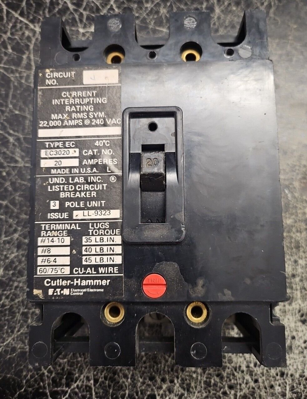Used CUTLER HAMMER Type EC EC3020 20 AMP 3 POLE CIRCUIT BREAKER LL 9323 240VAC